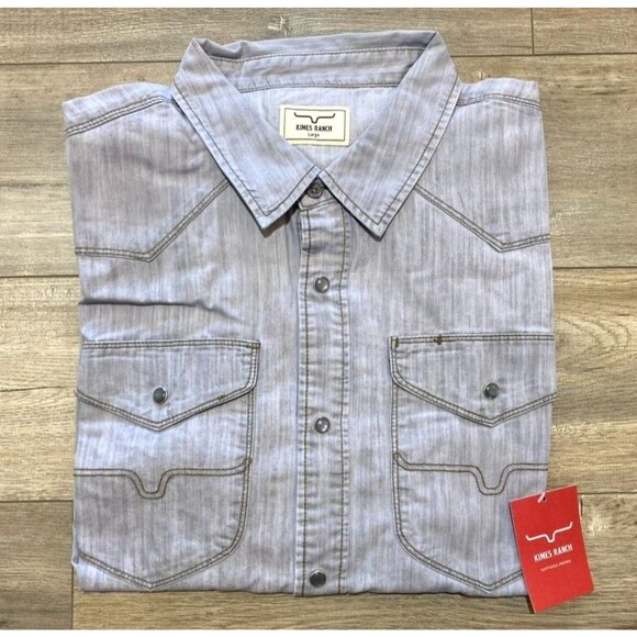 Kimes Ranch Grimes Mens L Gray Denim Shirt Western Pearl Snap Long Sleeve NEW - Picture 1 of 11